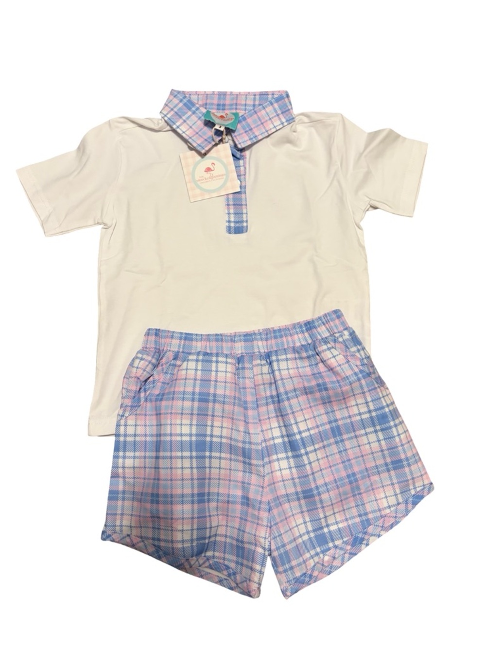 The Smocked Flamingo Blue & Pink Plaid Polo Short Set 3T NWT Boys Outfit
